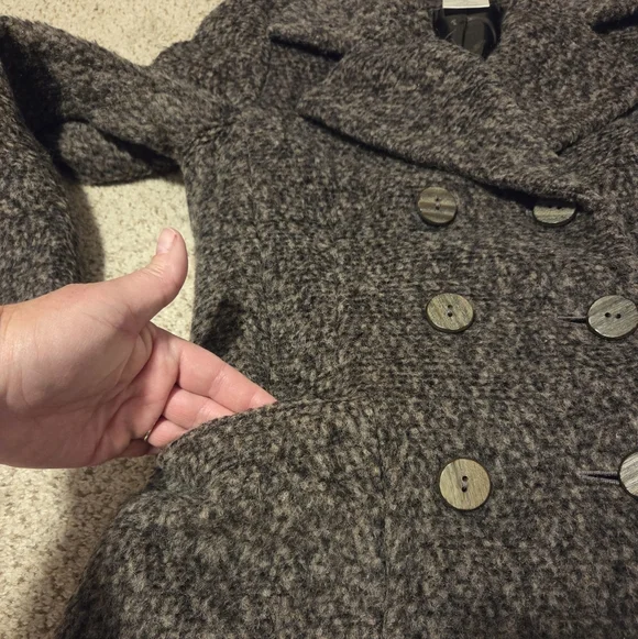 Jaeger Vintage Wool Double Breasted Tweed Pea Coat Gray Women's 6 Wooden Buttons